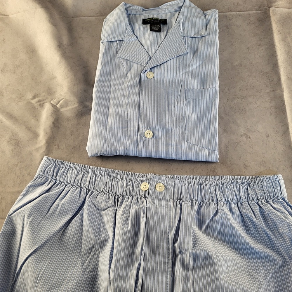 New John Bartlett Statements Mens L 2 PC Pajama Set Blue & Gray Stripes